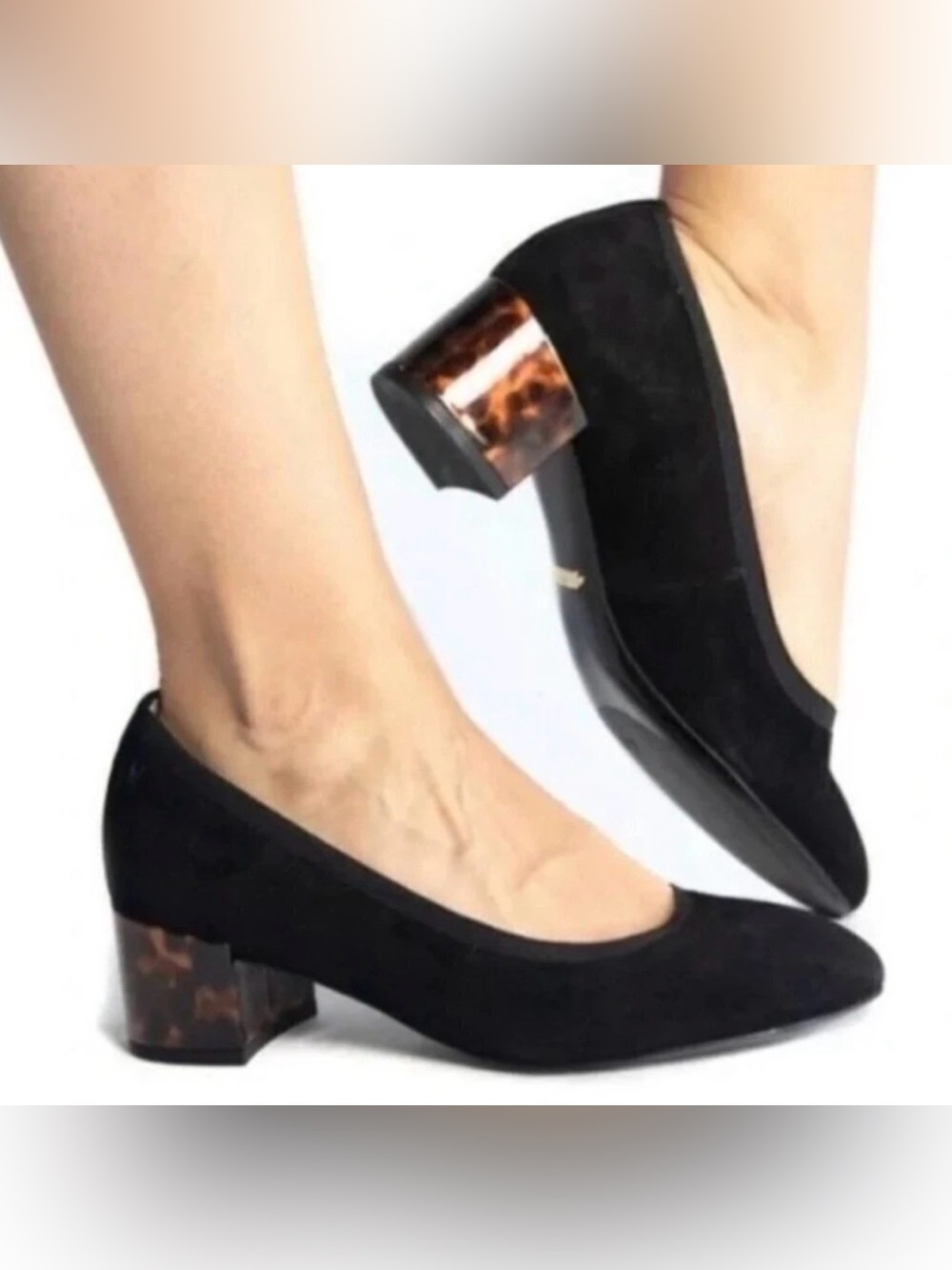 Vionic Natalie Tortoise Black Suede Chunky Heels Pumps Size 7.5 Excellent!